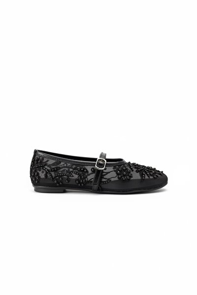 SHOEBELLAS Laki Siyah Boncuk İşleme Detaylı Kadın Babet