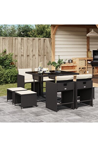 vidaxl Set mobilier de gradina cu perne, 9 piese, negru, poliratan