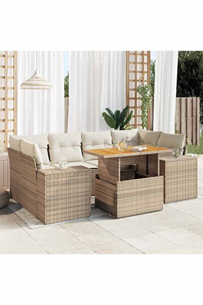 vidaxl Set canapele de gradina, 7 piese, cu perne, bej, poliratan
