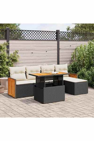 vidaxl Set mobilier gradina perne 6 piese negru poliratan/lemn acacia