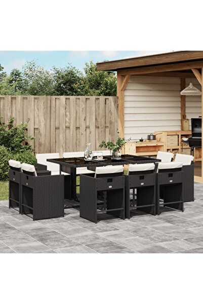 vidaxl Set mobilier de exterior cu perne, 11 piese, negru, poliratan