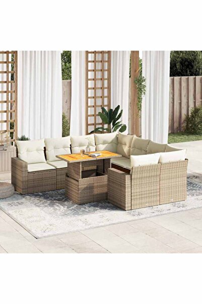 vidaxl Set canapele de gradina, 9 piese, cu perne, bej, poliratan