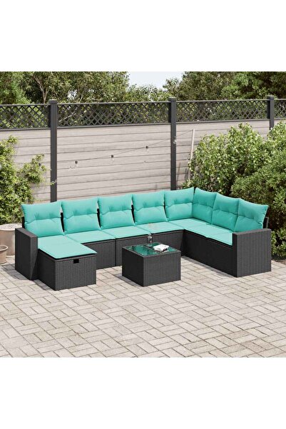 vidaxl Set mobilier de gradina cu perne, 9 piese, negru, poliratan