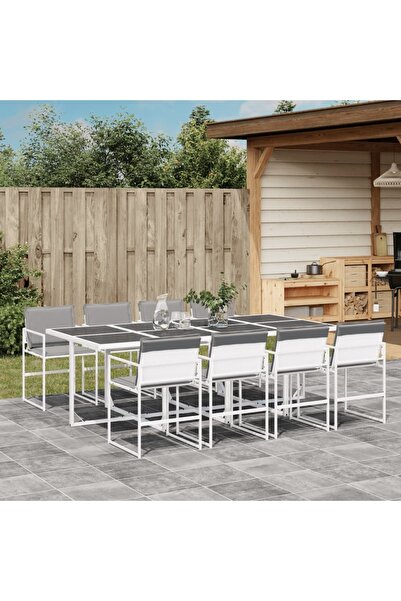 vidaxl Set mobilier de gradina, 9 piese, cu perne, alb, textilena