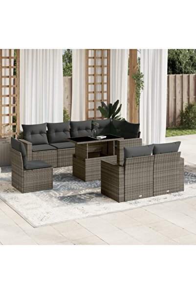 vidaxl Set canapele de gradina, 9 piese, cu perne, gri, poliratan