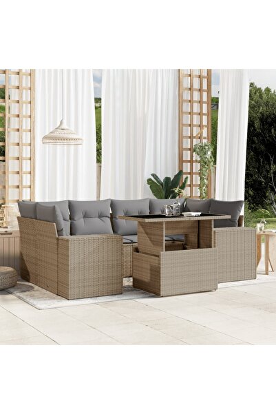 vidaxl Set canapele de gradina, 7 piese, cu perne, bej, poliratan
