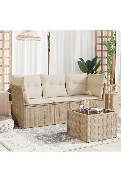 vidaxl Set canapele de gradina, 4 piese, cu perne, bej, poliratan