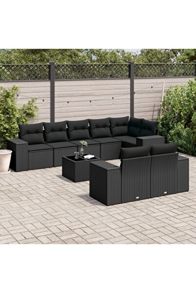 vidaxl Set mobilier de gradina cu perne, 9 piese, negru, poliratan