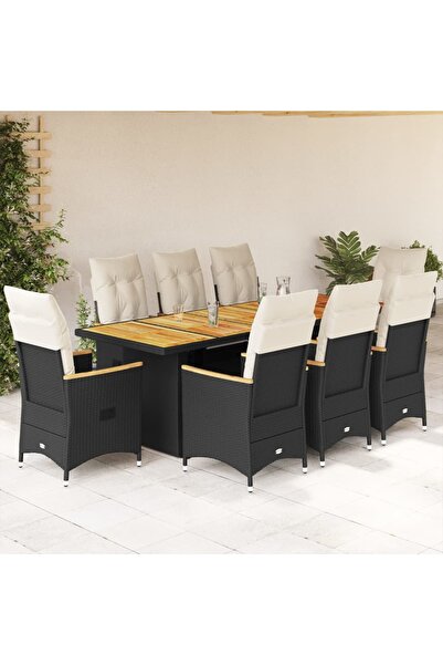 vidaxl Set bistro de gradina, 9 piese, cu perne, negru, poliratan