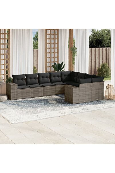 vidaxl Set canapele de gradina, 9 piese, cu perne, gri, poliratan