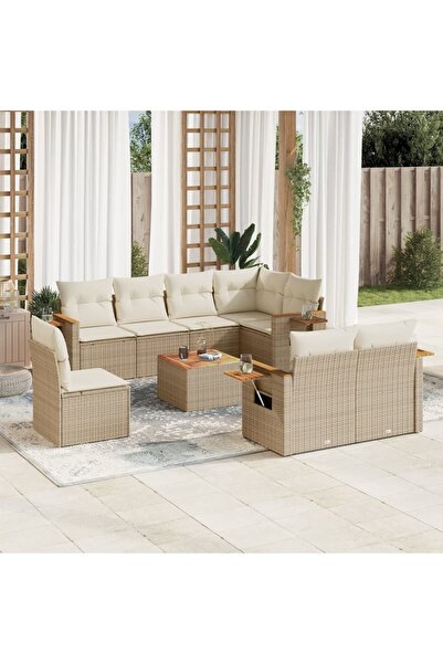 vidaxl Set canapele de gradina, 9 piese, cu perne, bej, poliratan