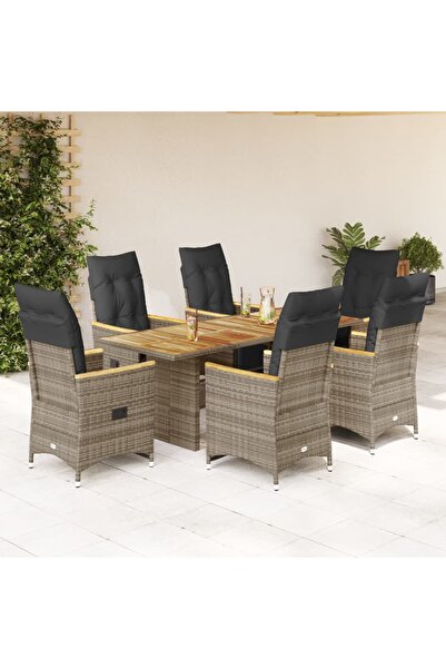 vidaxl Set bistro de gradina cu perne, 7 piese, gri, poliratan