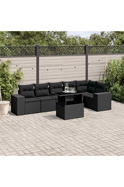 vidaxl Set canapele de gradina cu perne, 7 piese, negru, poliratan
