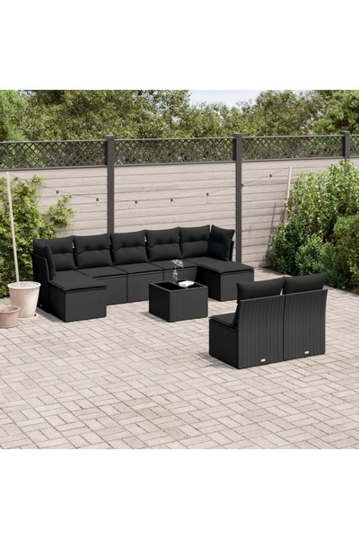 vidaxl Set canapele de gradina cu perne, 10 piese, negru, poliratan
