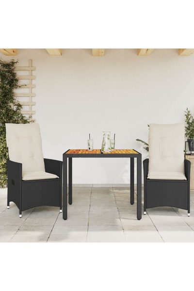 vidaxl Set bistro cu perne, 3 piese, negru, poliratan È™i acacia