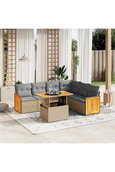 vidaxl Set canapele de gradina, 7 piese, cu perne, bej, poliratan