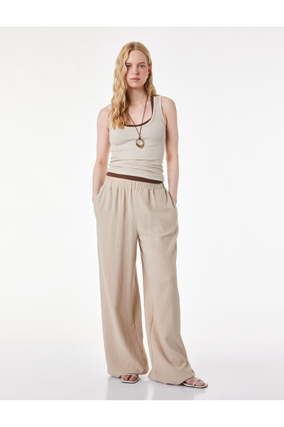 Koton Elastic Waist Cotton Wide Leg Muslin Trousers