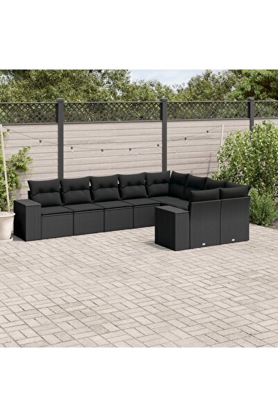 vidaxl Set mobilier de gradina cu perne, 9 piese, negru, poliratan