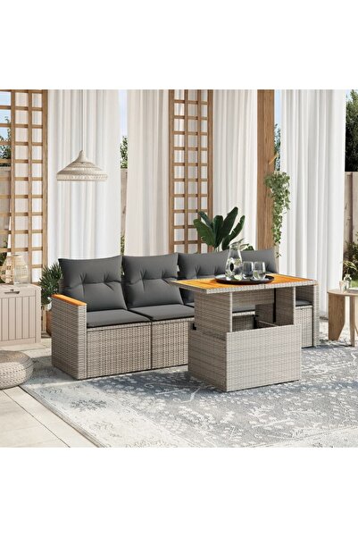 vidaxl Set canapea de gradina cu perne, 5 piese, gri, poliratan