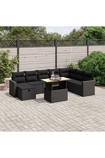 vidaxl Set mobilier de gradina cu perne, 9 piese, negru, poliratan