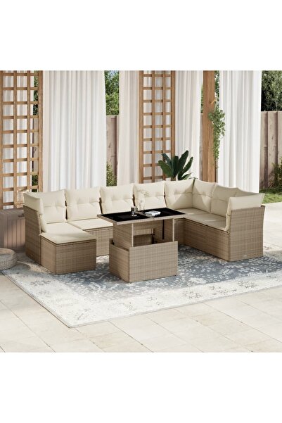 vidaxl Set canapele de gradina, 9 piese, cu perne, bej, poliratan