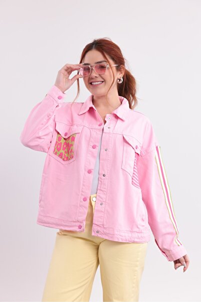 Yeys Shop Pembe Leopar Cep Şerit Detaylı Kot Ceket