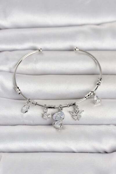 Inure Jewelry سوار نسائي من النحاس الفضي اللون مع تفاصيل على شكل قطة