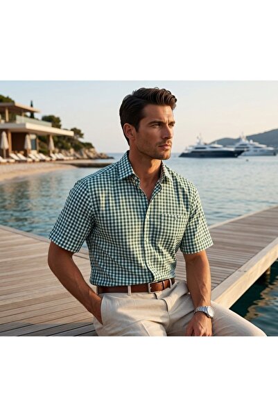 GÖMLEK GALERİSİ Men's Classic Wide Cut Plaid Pocket Cotton Short Sleeve Shirt