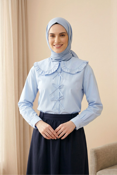 SADEL Önü Kurdele Detaylı Bebe Yakalı Gömlek - Bebe Mavi