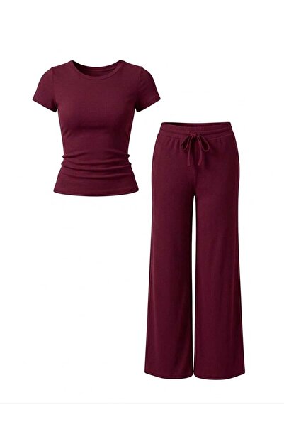 EVOA Women's Crew Neck Blouse & Wide Leg Pants Set