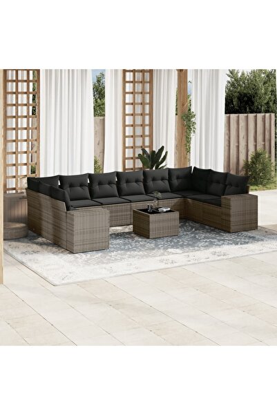 vidaxl Garden sofa set with cushions, 11 pieces, grey, polyrattan