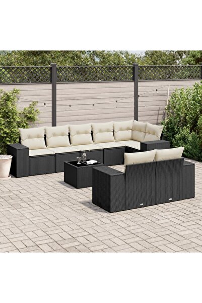 vidaxl Garden furniture set with cushions, 9 pieces, black, polyrattan