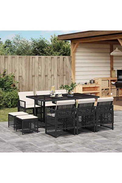 vidaxl Outdoor furniture set with cushions, 11 pieces, black, polyrattan