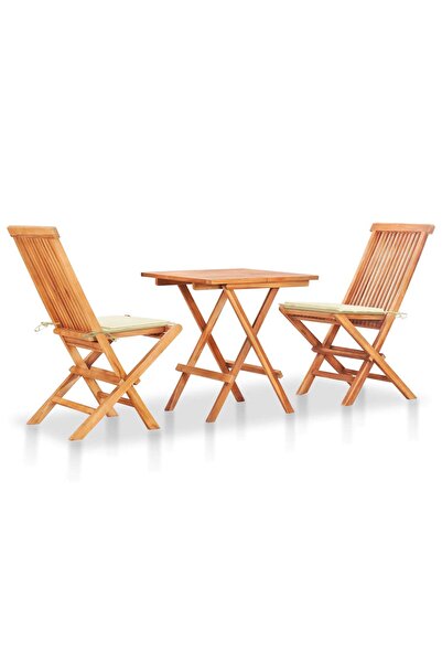 vidaxl Set bistro 3 piese cu perne crem, lemn masiv tec