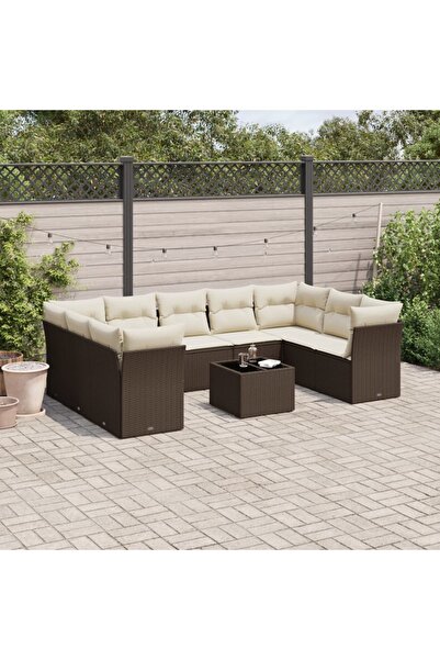 vidaxl Garden sofa set with cushions, 10 pieces, brown, polyrattan