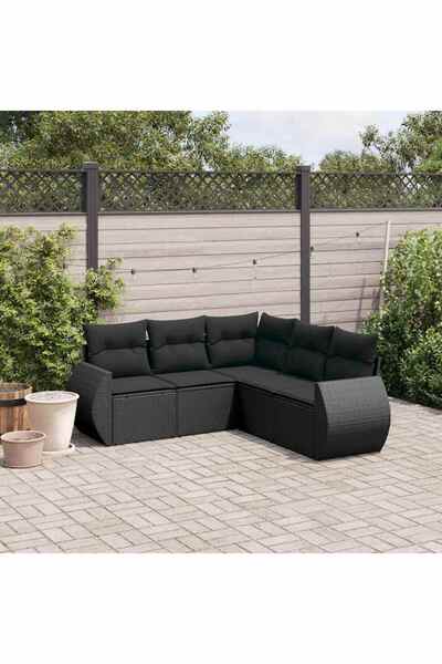 vidaxl Garden furniture set with cushions, 5 pieces, black, polyrattan