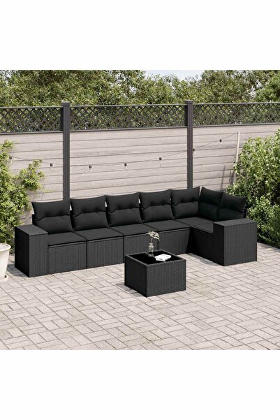 vidaxl Garden sofa set with cushions, 7 pieces, black, polyrattan