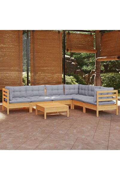 vidaxl Set mobilier gradina cu perne gri, 7 piese, lemn masiv de pin