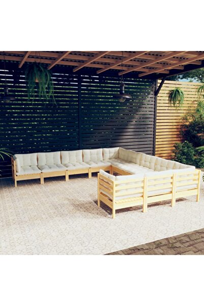 vidaxl Set mobilier gradina cu perne crem, 11 piese, lemn de pin
