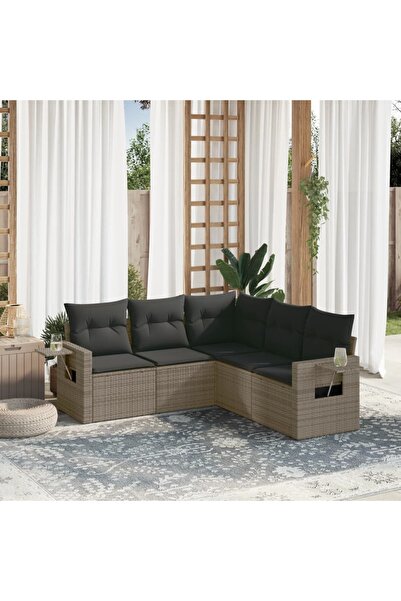 vidaxl Garden sofa set with cushions, 5 pieces, grey, polyrattan