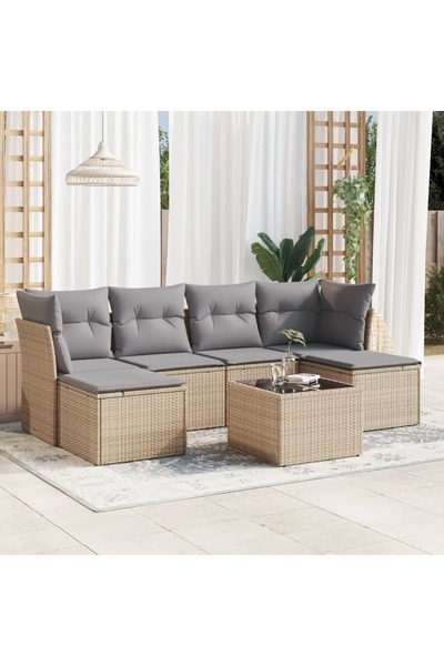 vidaxl Set canapele de gradina, 7 piese, cu perne, bej, poliratan