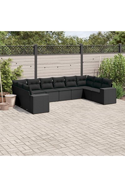 vidaxl Garden sofa set with cushions, 10 pieces, black, polyrattan
