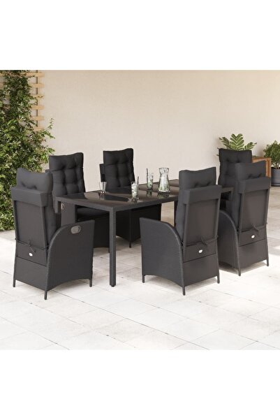 vidaxl Set mobilier de gradina cu perne, 7 piese, negru, poliratan