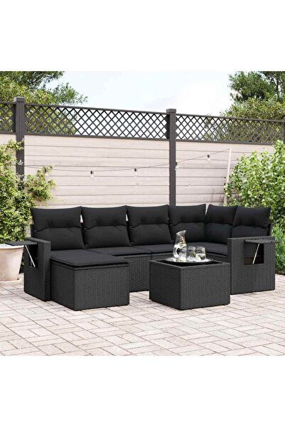 vidaxl Garden sofa set with cushions, 7 pieces, black, polyrattan