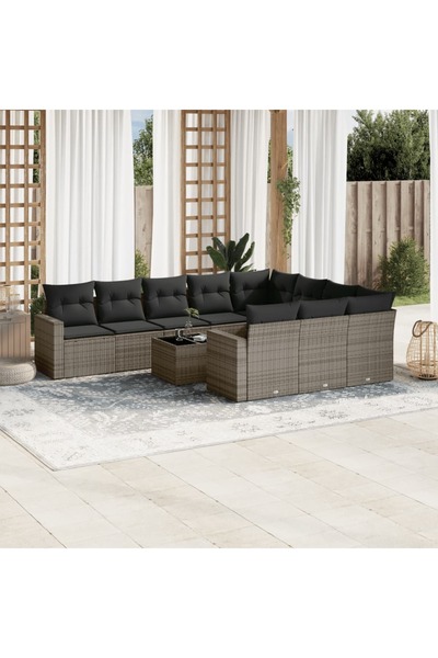 vidaxl Garden sofa set with cushions, 11 pieces, grey, polyrattan