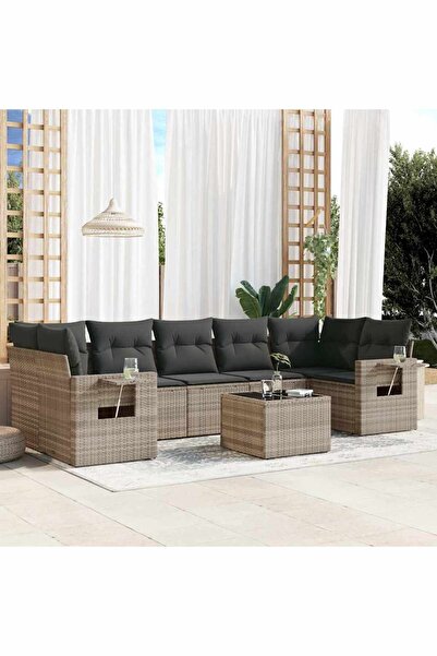 vidaxl Garden furniture set with cushions, 8 pieces, light grey polyrattan