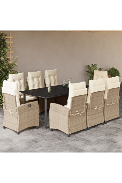 vidaxl 9-piece garden table set with cushions, beige, polyrattan