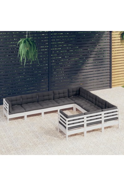 vidaxl Set mobilier gradina cu perne, 10 piese, alb, lemn de pin