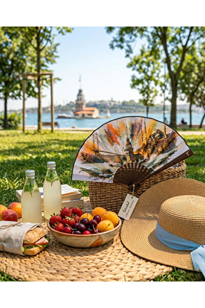 pivok El Yapımı İstanbul Temalı Kız Kulesi Desenli Vintage Yelpaze