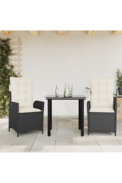 vidaxl Set mobilier de gradina cu perne, 3 piese, negru, poliratan